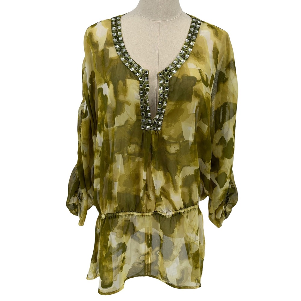 Carmen Marc Valvo Tunic Blouse Green Abstract Beaded V-Neck XL